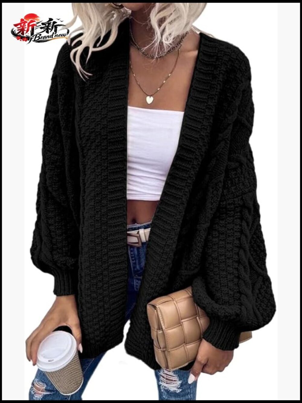 Oversized Open Front Cable Knit Cardigan Sweater Chunky Long Sleeve Lantern